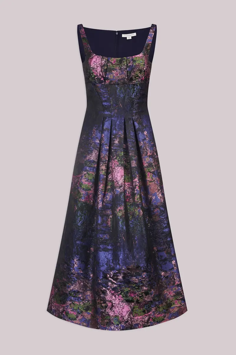 June Monet Jacquard Tea-Length Dress with Empire Waist