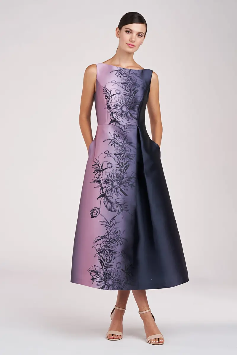 Larkin Ombre Mikado Tea-Length Dress with Bateau Neck