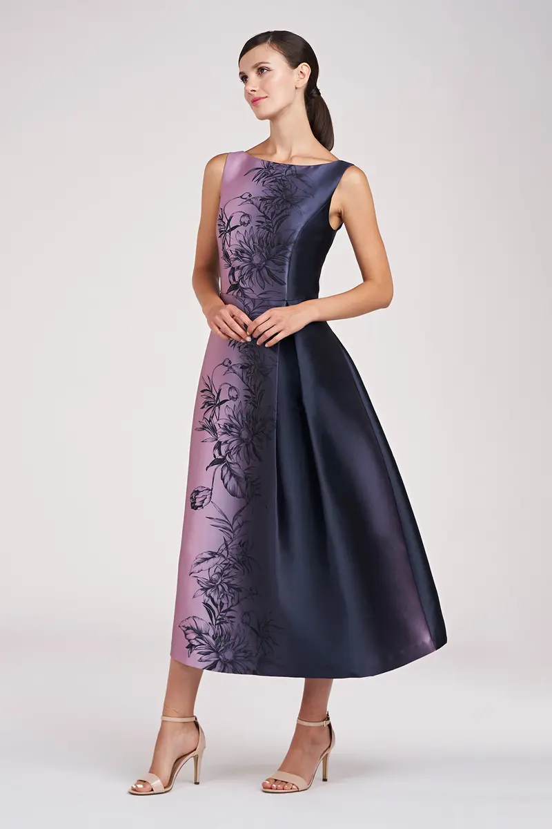 Larkin Ombre Mikado Tea-Length Dress with Bateau Neck