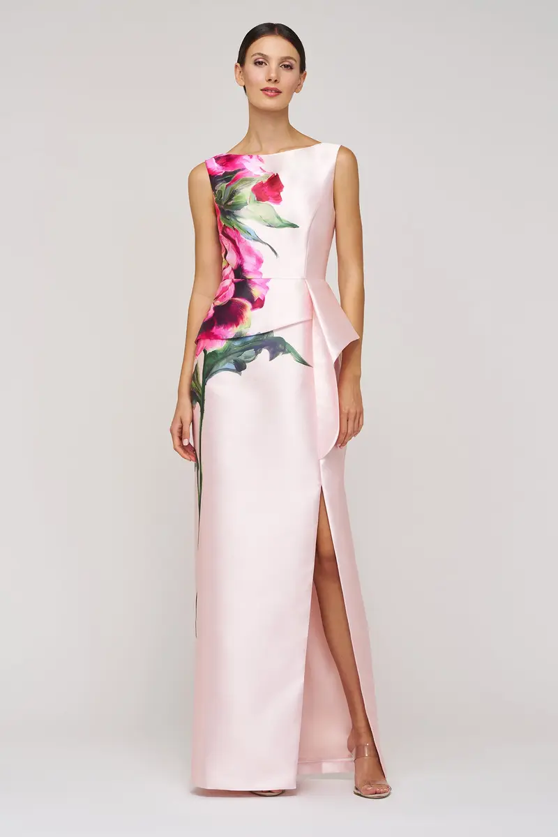 Luciana Eden Rose Mikado Column Gown with Draped Peplum Overlay