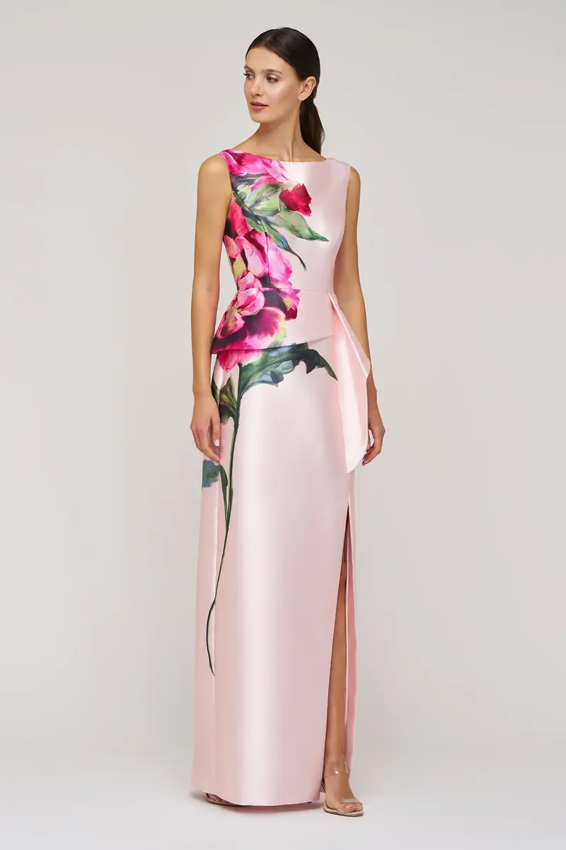 Luciana Eden Rose Mikado Column Gown with Draped Peplum Overlay