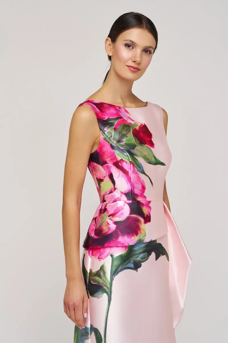 Luciana Eden Rose Mikado Column Gown with Draped Peplum Overlay