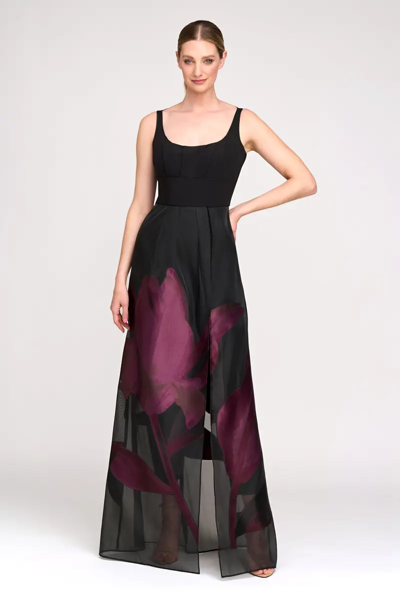 Maeve Floral Organza Overskirt Jumpsuit with Slit Detail