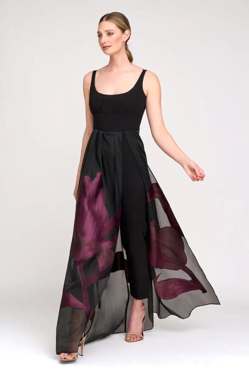 Maeve Floral Organza Overskirt Jumpsuit with Slit Detail