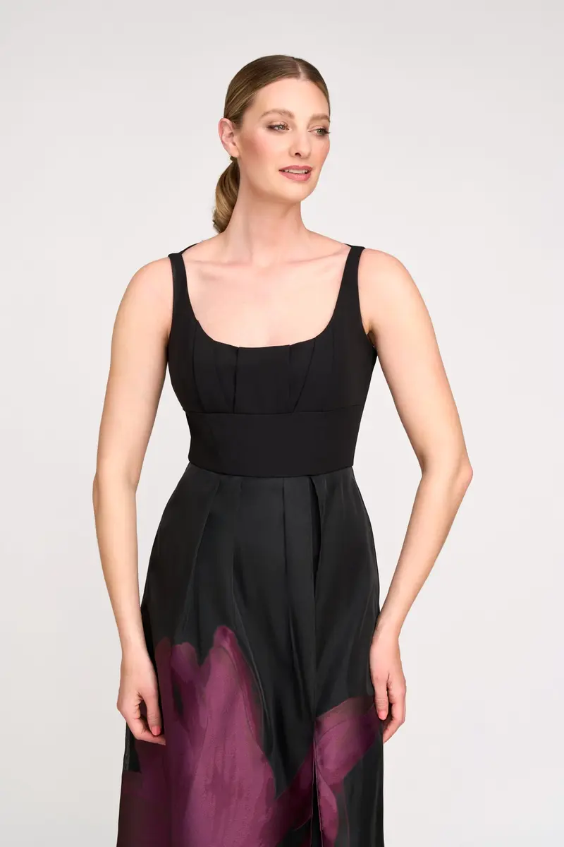 Maeve Floral Organza Overskirt Jumpsuit with Slit Detail