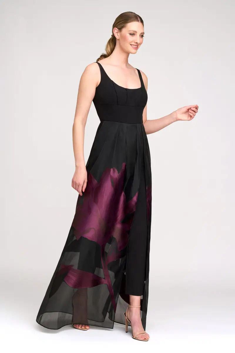 Maeve Floral Organza Overskirt Jumpsuit with Slit Detail