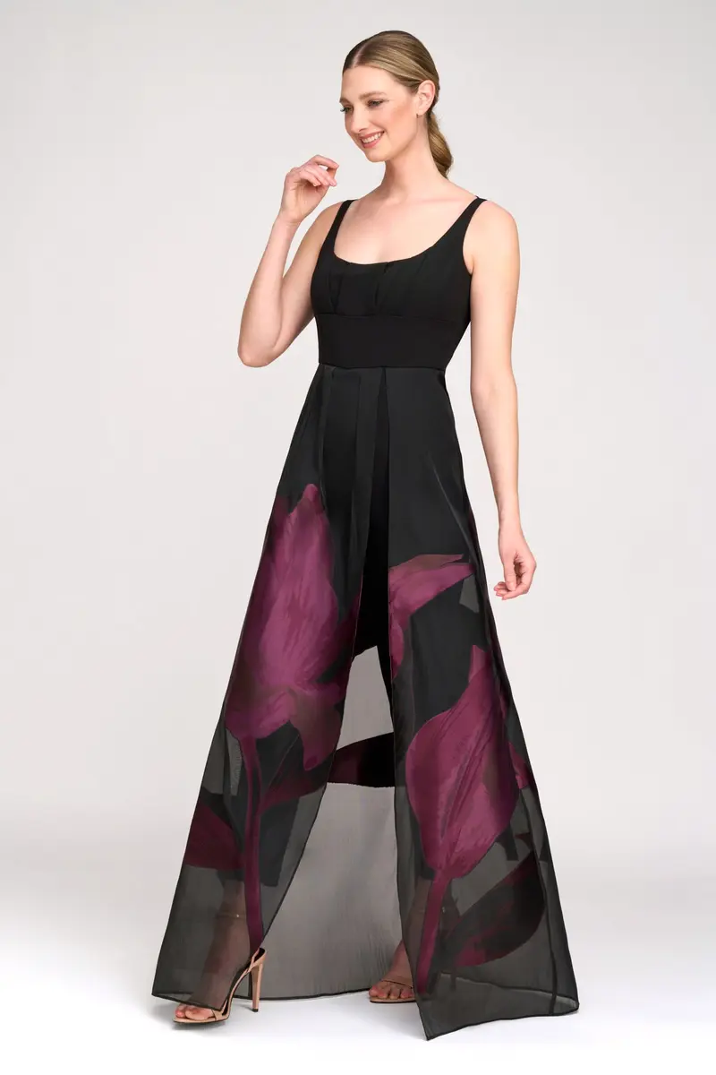 Maeve Floral Organza Overskirt Jumpsuit with Slit Detail