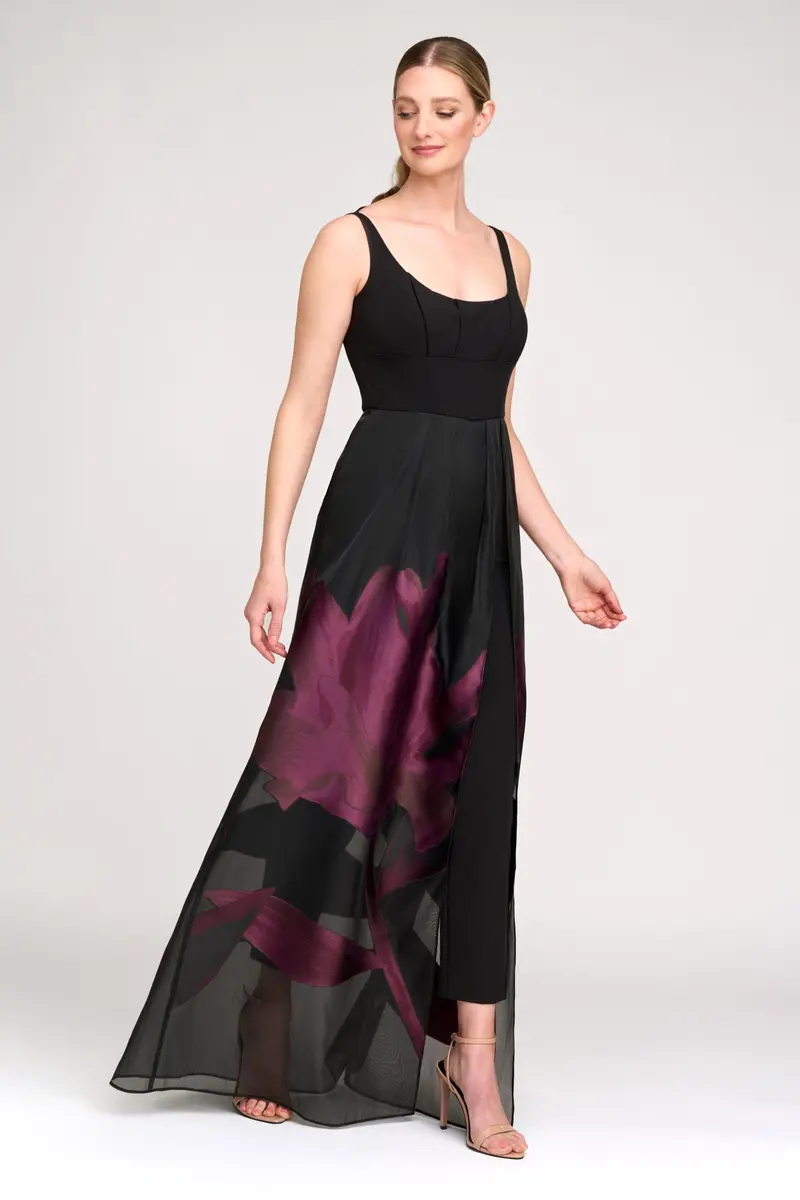Maeve Floral Organza Overskirt Jumpsuit with Slit Detail