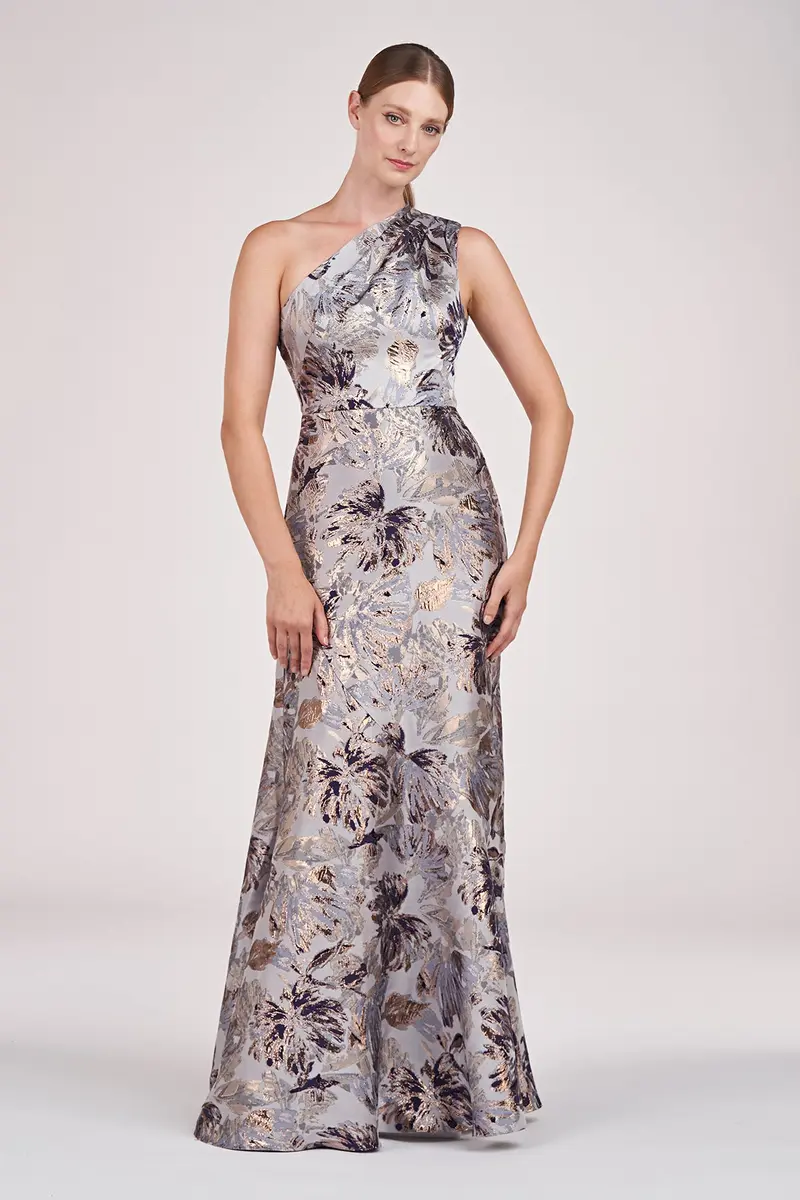 Metallic Floral Jacquard Gown with One-Shoulder Flounce