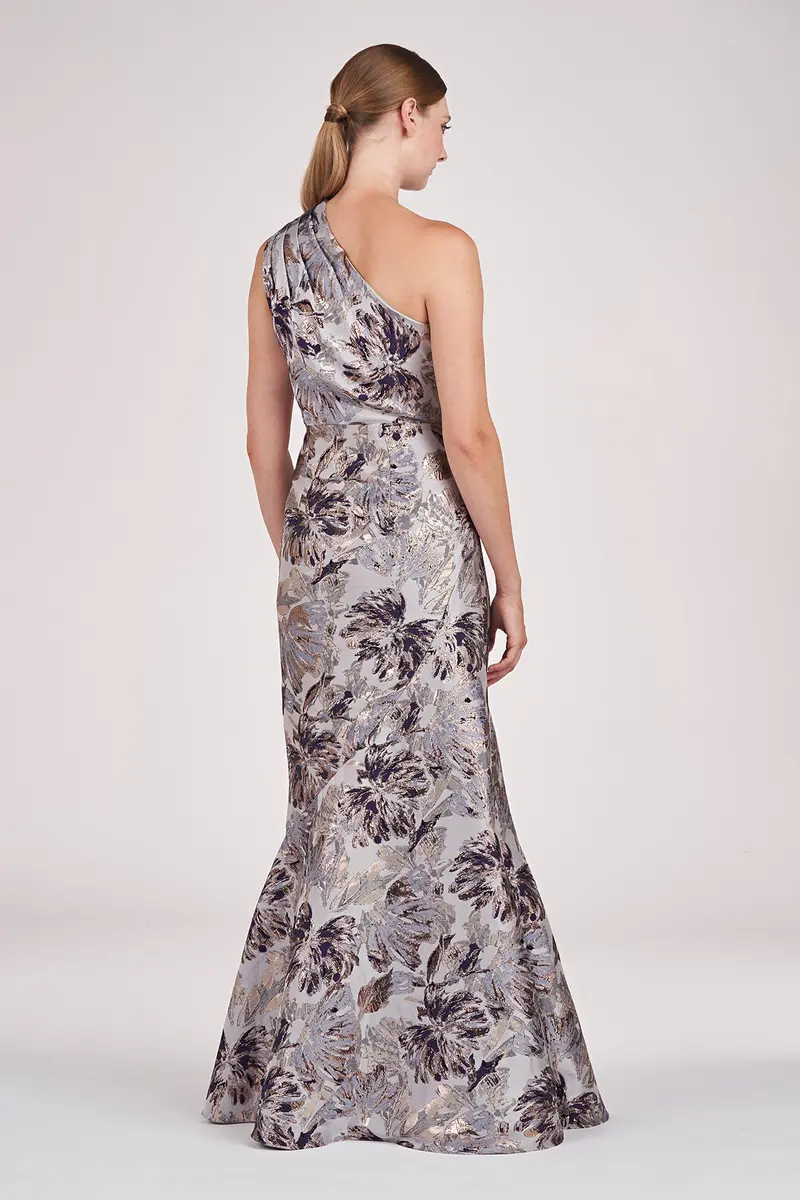 Metallic Floral Jacquard Gown with One-Shoulder Flounce