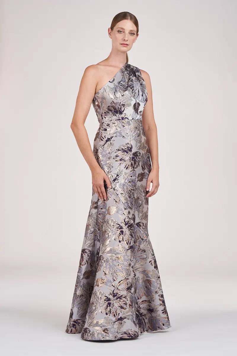 Metallic Floral Jacquard Gown with One-Shoulder Flounce
