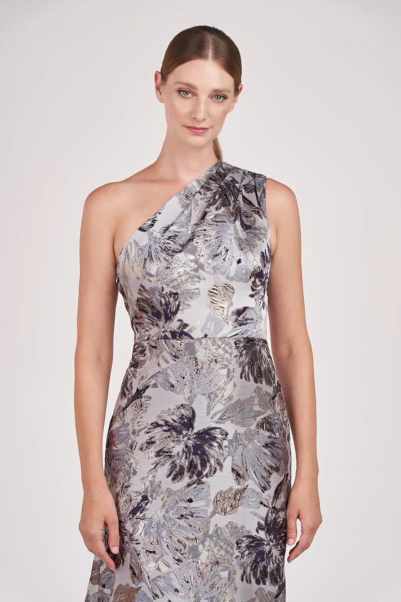Metallic Floral Jacquard Gown with One-Shoulder Flounce