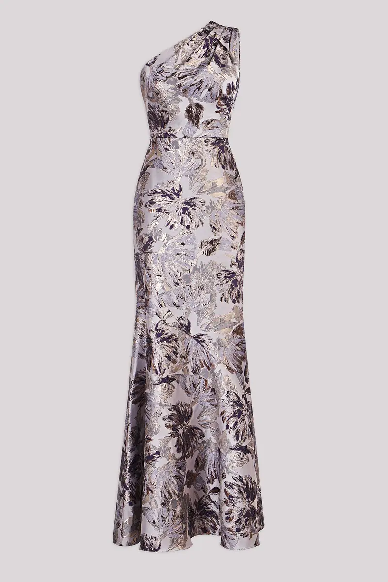 Metallic Floral Jacquard Gown with One-Shoulder Flounce