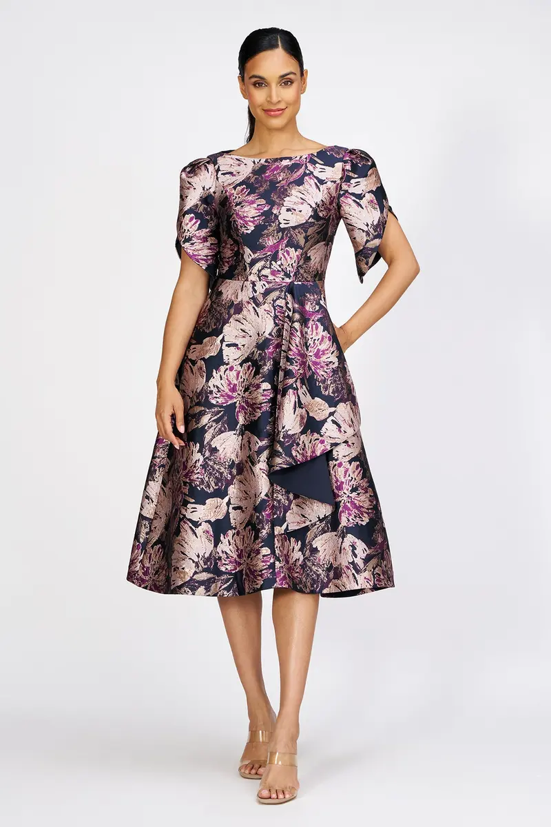 Metallic Floral Jacquard Midi Dress with Asymmetric Tulip Sleeve
