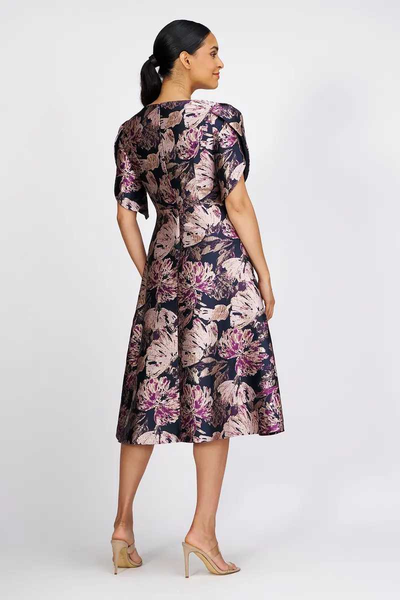 Metallic Floral Jacquard Midi Dress with Asymmetric Tulip Sleeve