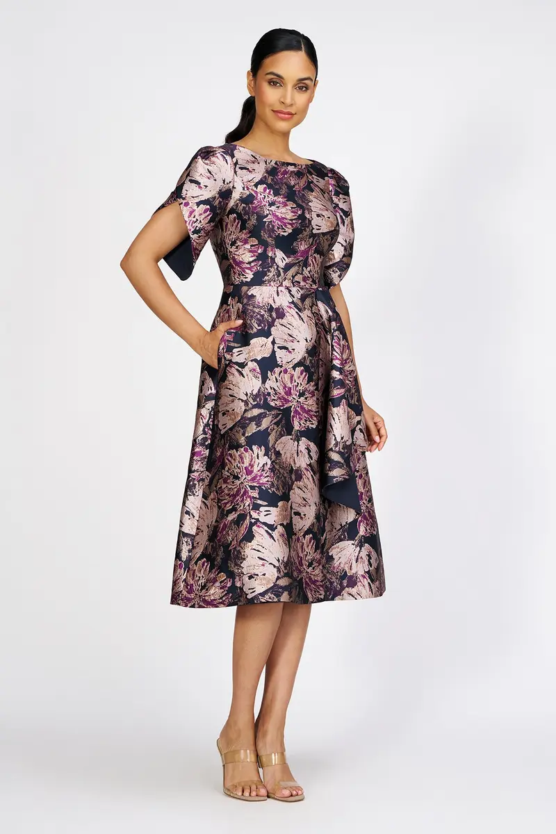Metallic Floral Jacquard Midi Dress with Asymmetric Tulip Sleeve