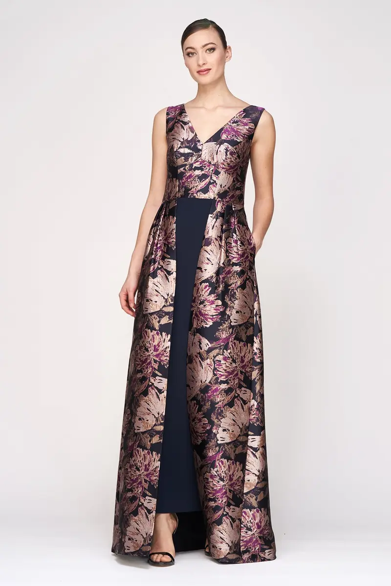 Metallic Rose Jacquard Empire-Waist Walk-Thru Gown