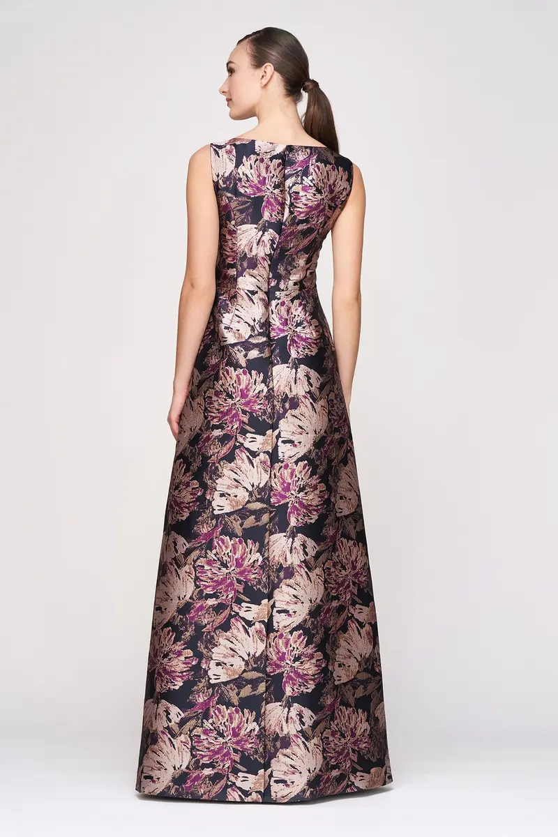 Metallic Rose Jacquard Empire-Waist Walk-Thru Gown