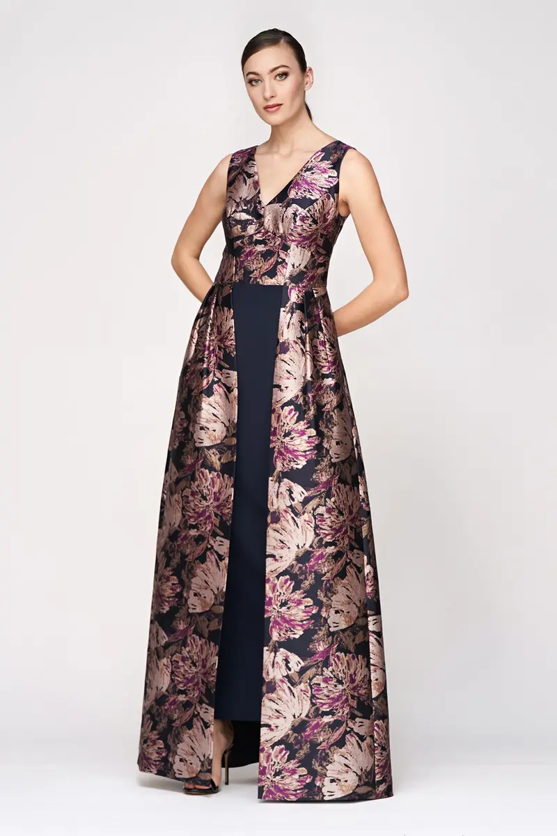 Metallic Rose Jacquard Empire-Waist Walk-Thru Gown