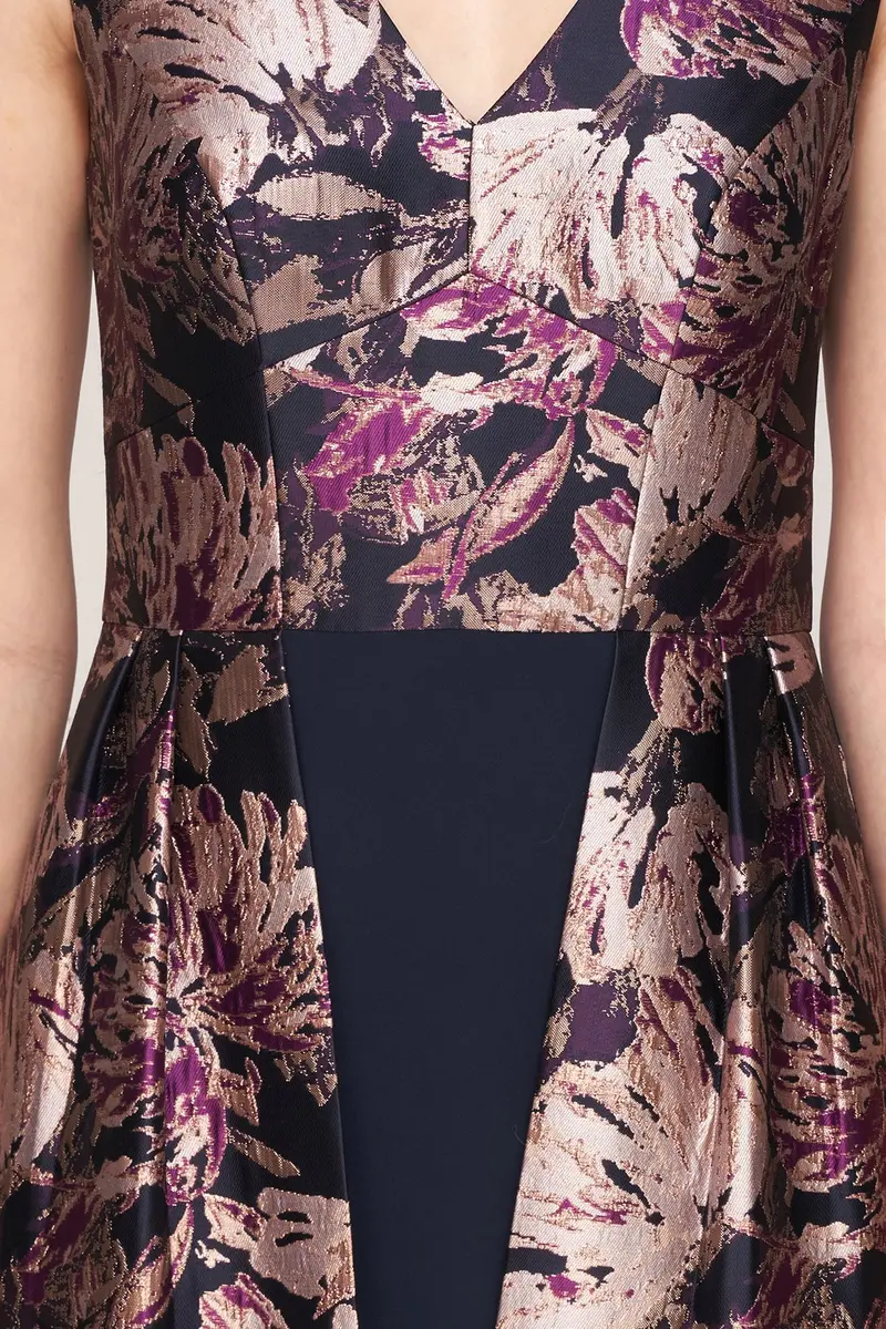 Metallic Rose Jacquard Empire-Waist Walk-Thru Gown