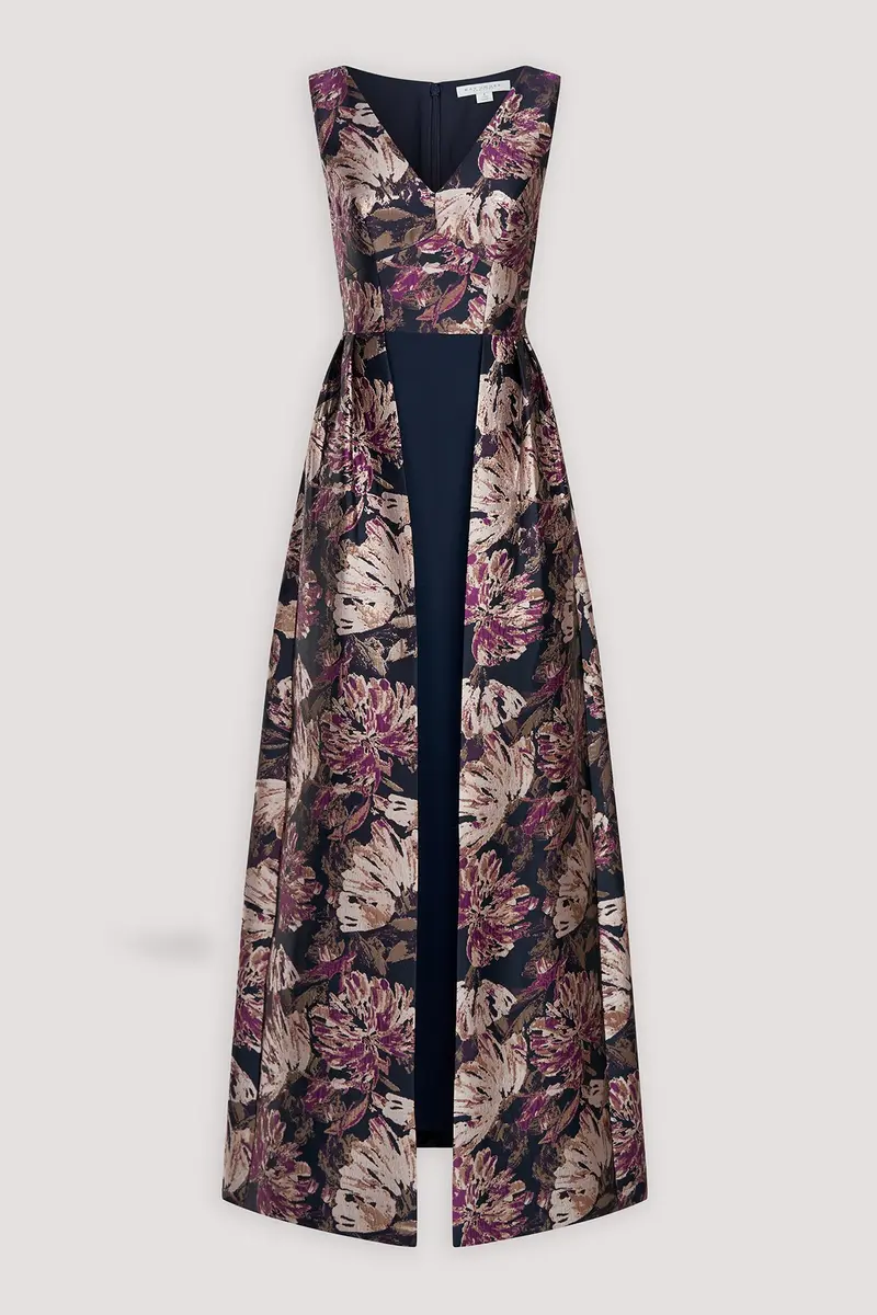Metallic Rose Jacquard Empire-Waist Walk-Thru Gown