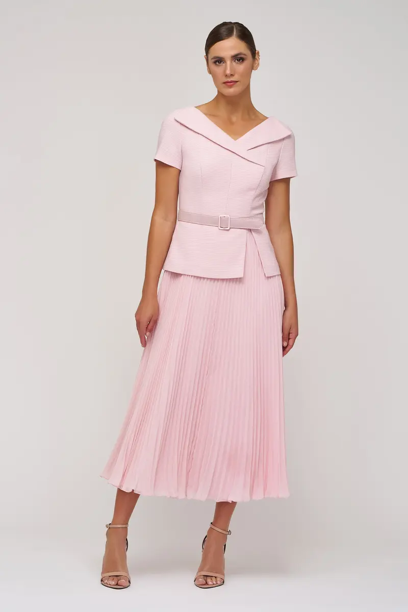 Mila Stretch Bouclé Tea-Length Dress with Pleated Chiffon Skirt