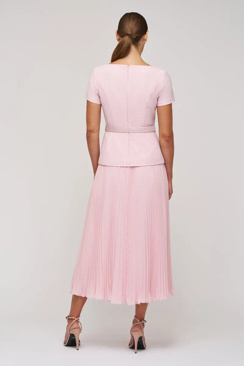 Mila Stretch Bouclé Tea-Length Dress with Pleated Chiffon Skirt 2