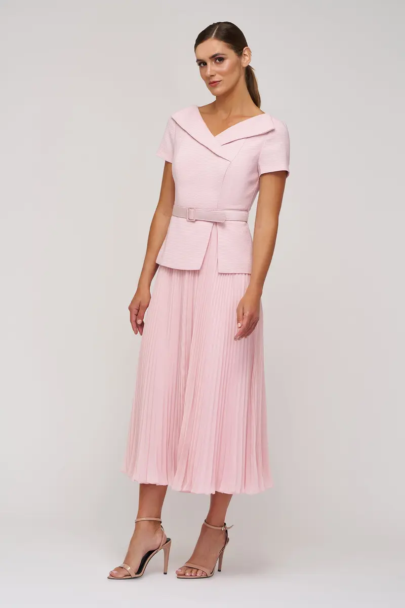 Mila Stretch Bouclé Tea-Length Dress with Pleated Chiffon Skirt