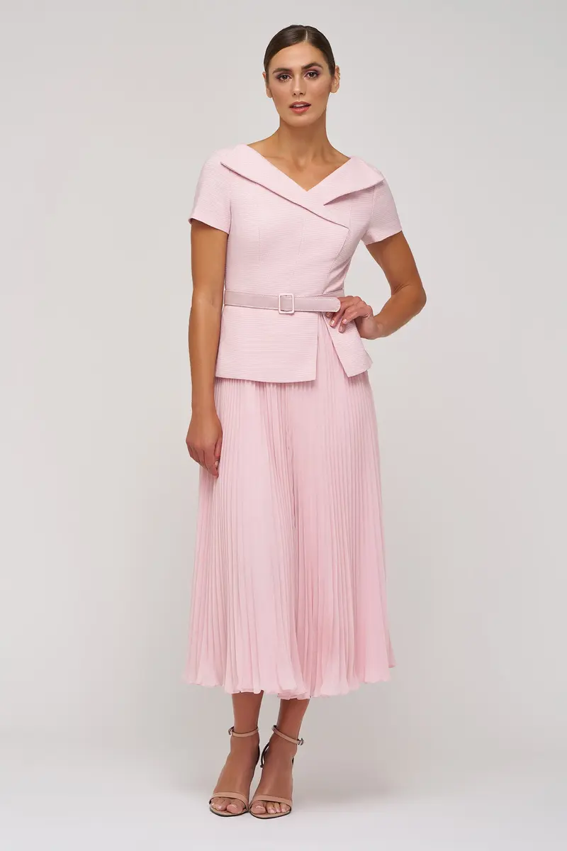 Mila Stretch Bouclé Tea-Length Dress with Pleated Chiffon Skirt