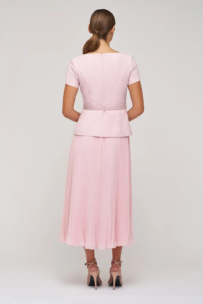 Mila Stretch Bouclé Tea-Length Dress with Pleated Chiffon Skirt