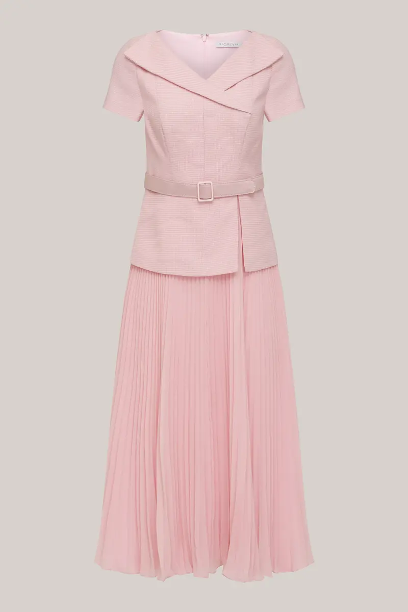 Mila Stretch Bouclé Tea-Length Dress with Pleated Chiffon Skirt