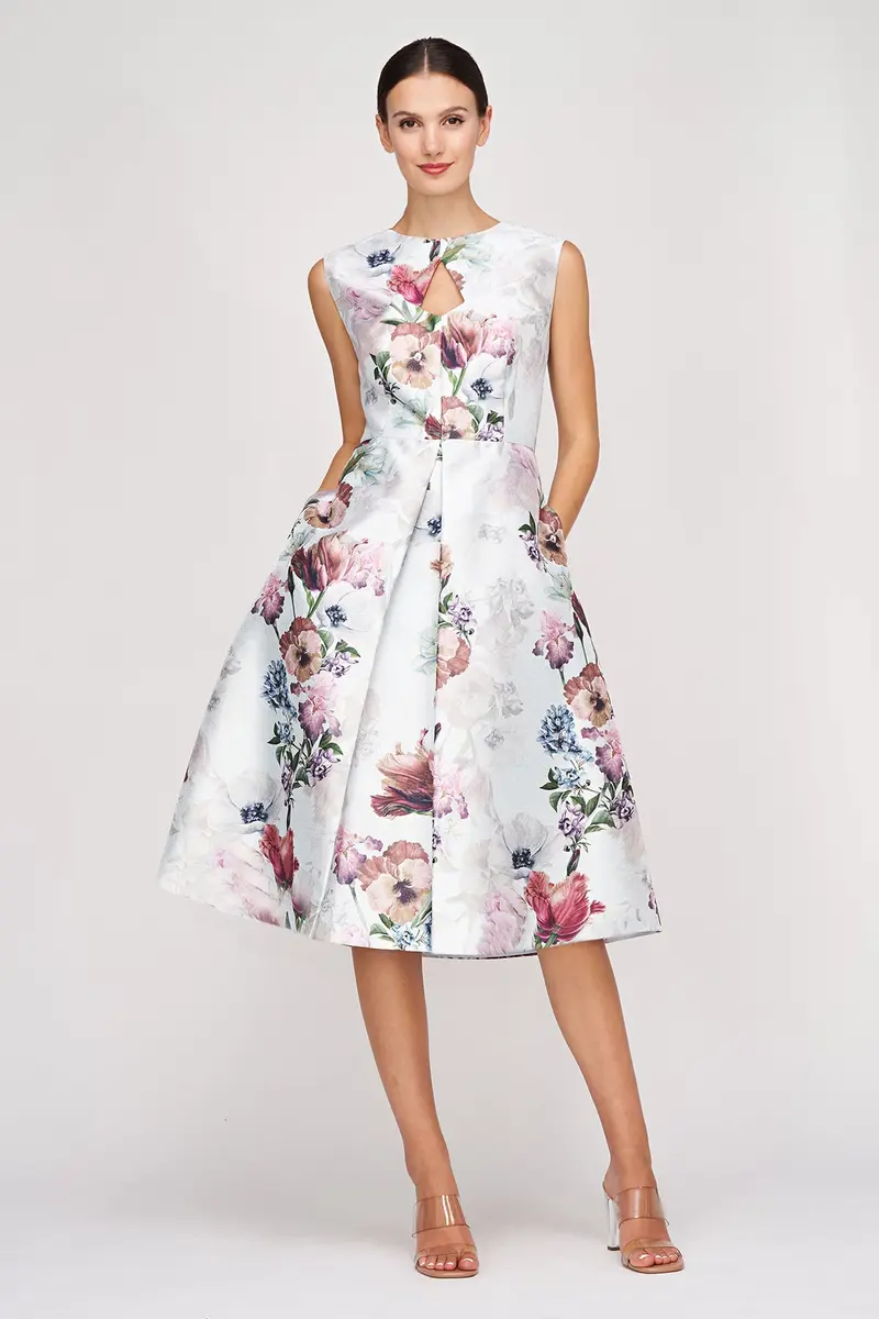 Mint Metallic Organza Midi Dress with Floral Print