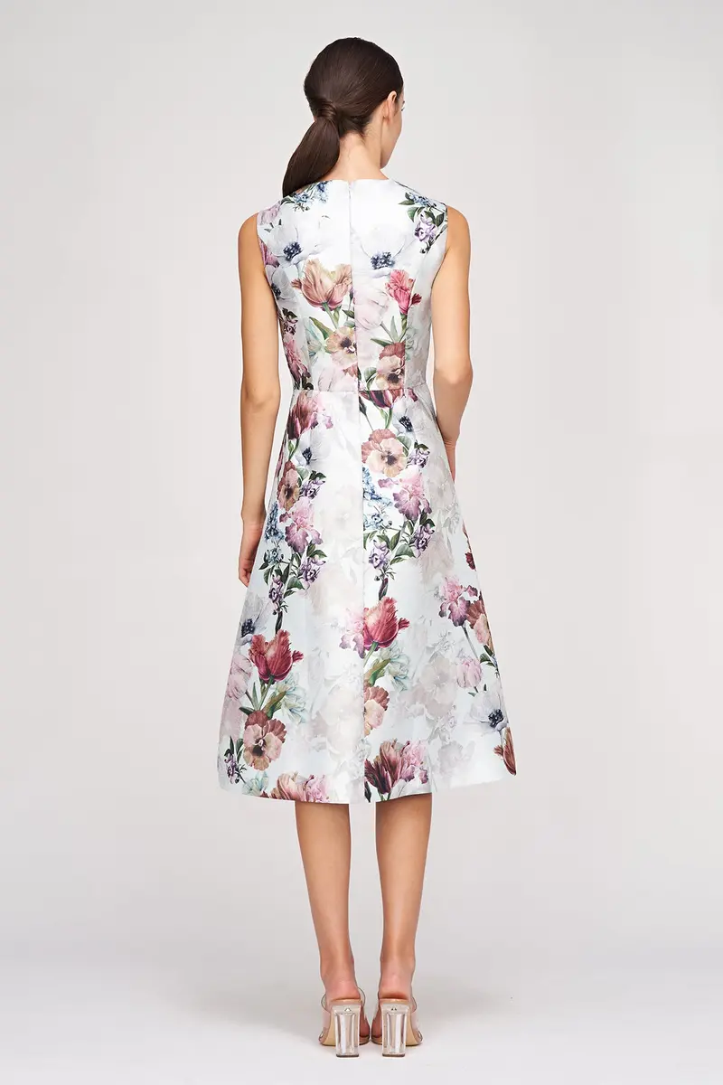 Mint Metallic Organza Midi Dress with Floral Print