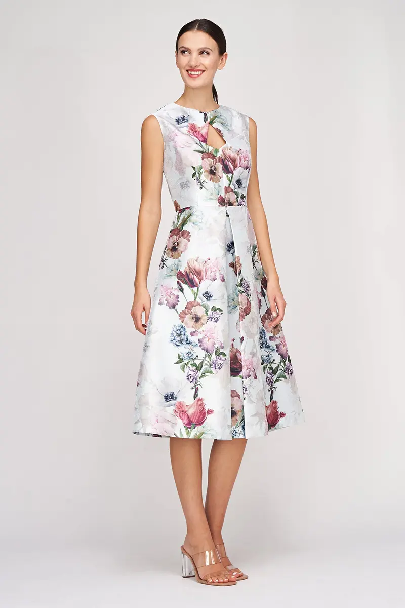 Mint Metallic Organza Midi Dress with Floral Print