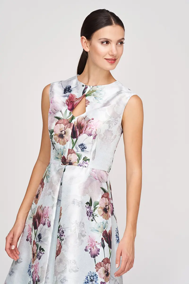 Mint Metallic Organza Midi Dress with Floral Print