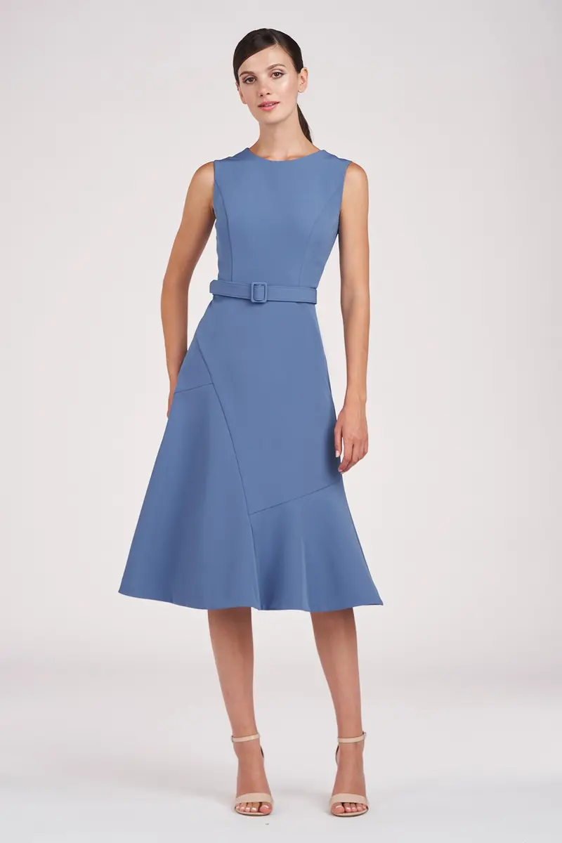 Modern Stretch Crepe Midi Dress with Asymmetric Flounce