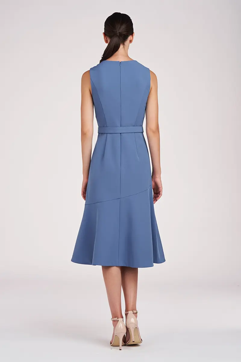 Modern Stretch Crepe Midi Dress with Asymmetric Flounce