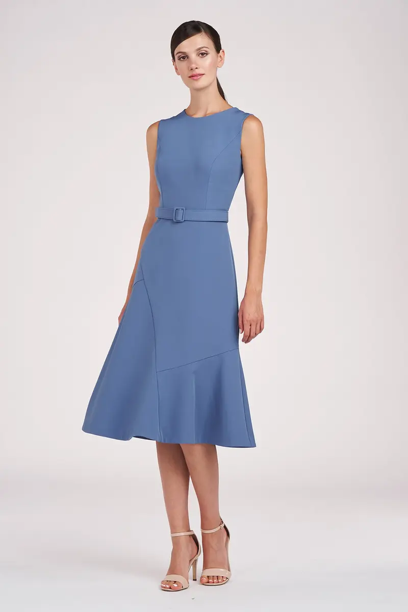 Modern Stretch Crepe Midi Dress with Asymmetric Flounce