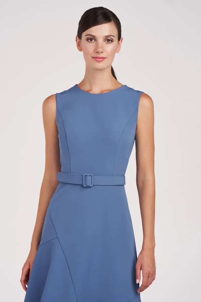 Modern Stretch Crepe Midi Dress with Asymmetric Flounce