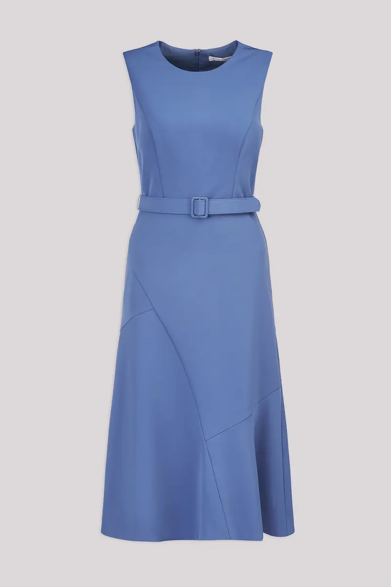Modern Stretch Crepe Midi Dress with Asymmetric Flounce
