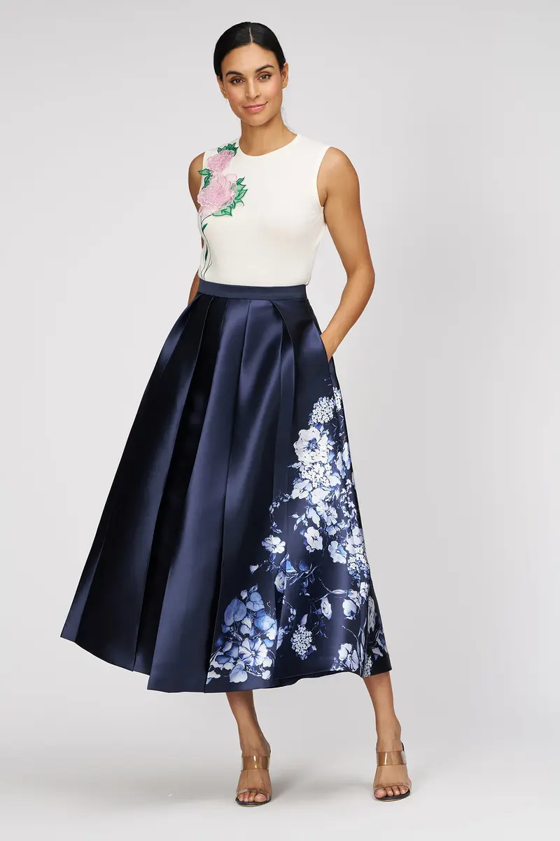 Monochrome Iris Print Mikado Midi Skirt