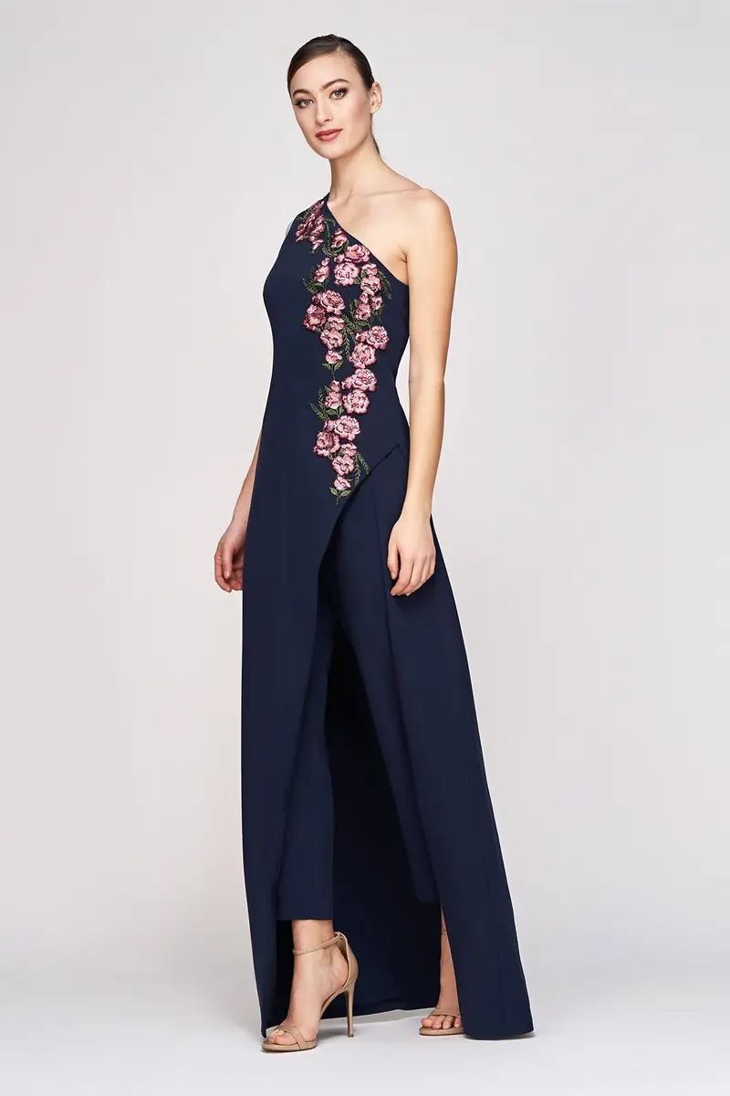 Nadine One-Shoulder Embroidered Crepe Jumpsuit
