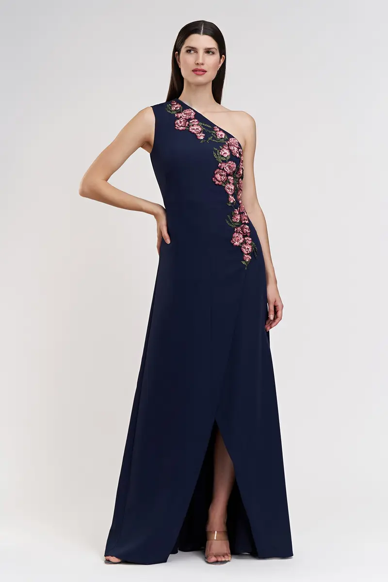 Nadine One-Shoulder Embroidered Stretch Crepe Gown
