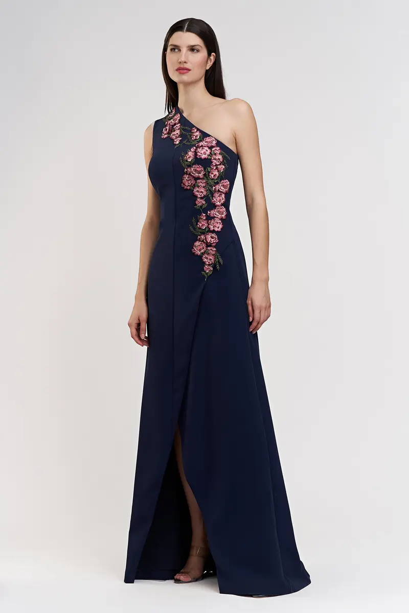 Nadine One-Shoulder Embroidered Stretch Crepe Gown