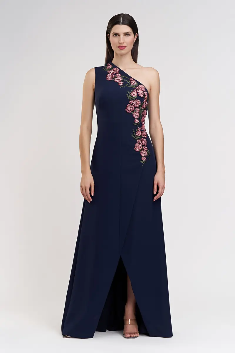 Nadine One-Shoulder Embroidered Stretch Crepe Gown