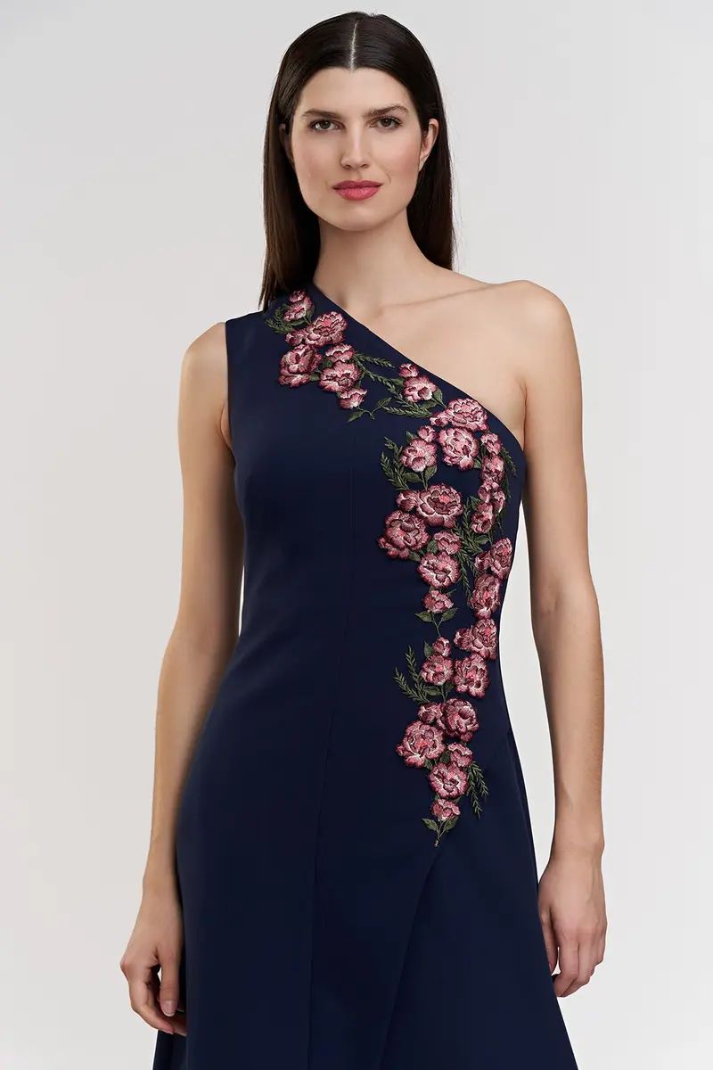Nadine One-Shoulder Embroidered Stretch Crepe Gown