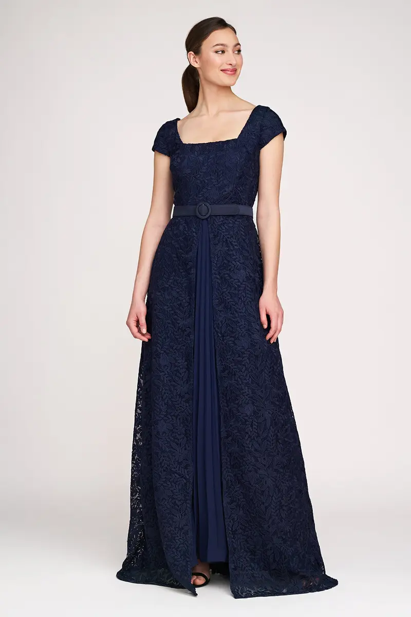 Navy Rose Bouquet Lace A-Line Evening Gown with Pleated Chiffon Skirt