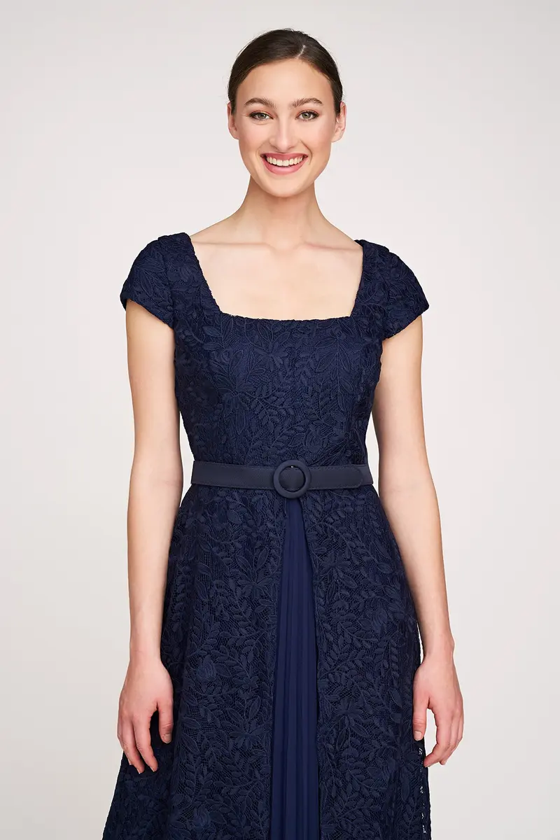Navy Rose Bouquet Lace A-Line Evening Gown with Pleated Chiffon Skirt