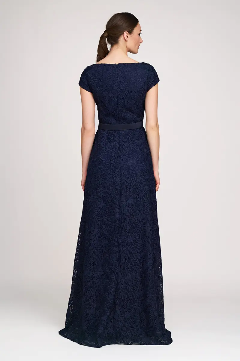 Navy Rose Bouquet Lace A-Line Evening Gown with Pleated Chiffon Skirt