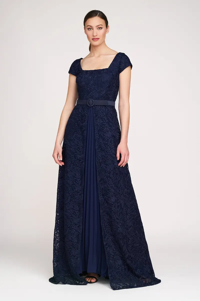 Navy Rose Bouquet Lace A-Line Evening Gown with Pleated Chiffon Skirt